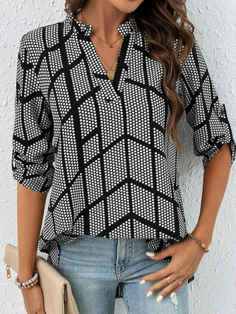 Hemdkragen Langarm Geometrisch Regelmäßig Mikroelastizität Weit Bluse für Damen