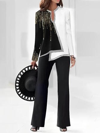 Damen Geometrisch Langarm Bequem Lässig Bluse mit Hose Zweiteiliges Set