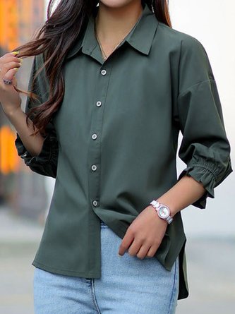 Hemdkragen Dreiviertelärmel Unifarben Schnalle Regelmäßig Weit Tunika Bluse für Damen