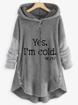 Kapuze Langarm Textbriefe Stickerei Regelmäßig Mikroelastizität Weit Mit Kapuze Teddy Jacke für Damen