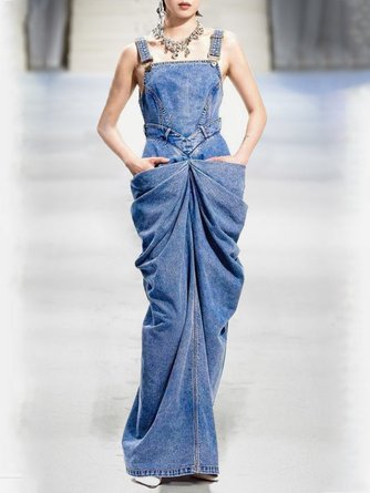 Damen Unifarben Spaghettiträger Ärmellos Bequem Lässig Maxikleid