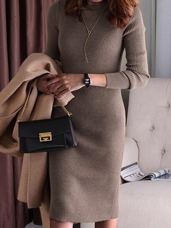 Damen Unifarben Rundhals Langarm Bequem Lässig Midikleid