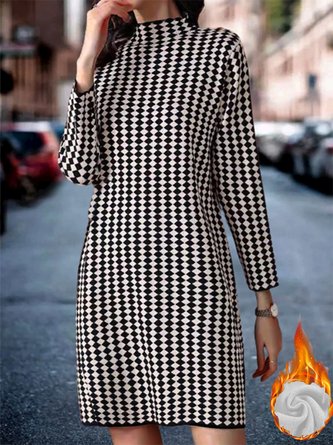 Damen Hahnentritt Halber Rollkragen Langarm Bequem Lässig Midikleid