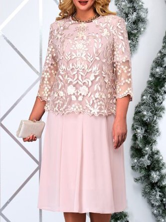 Spitze Stickerei Rundhals Weit Party Kleid