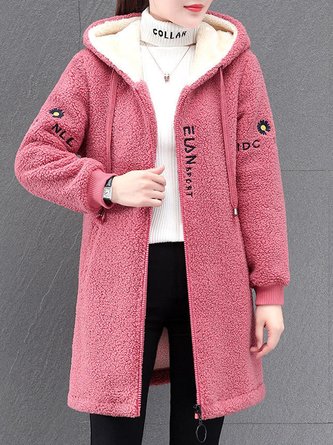 Kapuze Langarm Textbriefe Reißverschluss Vlies Weit Mit Kapuze Teddy Jacke für Damen