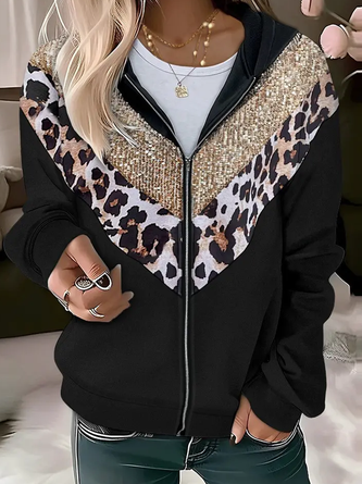 Kapuze Langarm Leopard Glitzernd Regelmäßig Mikroelastizität Weit Jacke für Damen