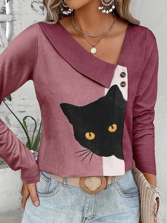 Lässig Katze Asymmetrisch Langarm T-Shirt