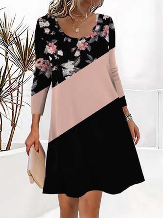 Damen Geblümt Rundhals Langarm Bequem Lässig Kurz Kleid
