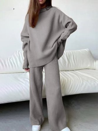 Damen Unifarben Rollkragen Langarm Bequem Lässig Bluse mit Hose Zweiteiliges Set
