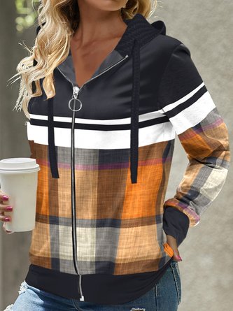 Kapuze Langarm Kariert Regelmäßig Mikroelastizität Weit Jacke für Damen