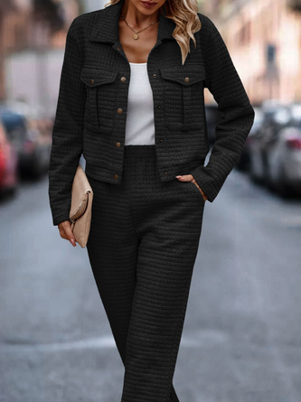 Damen Unifarben Schalkragen Langarm Bequem Lässig Mantel mit Hosen Zweiteiliges Set