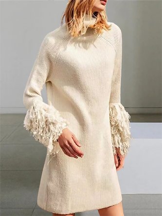 Damen Unifarben Rollkragen Langarm Bequem Böhmisch Quaste Midi Strickkleid