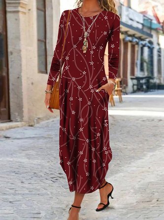 Damen Geometrisch Rundhals Langarm Bequem Lässig Maxikleid