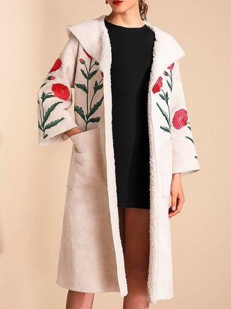Schalkragen Langarm Geblümt Stickerei verdicken Weit Teddy Jacke für Damen