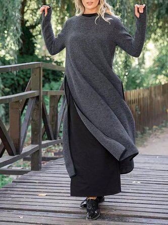 Damen Unifarben Rundhals Langarm Bequem Lässig Maxikleid