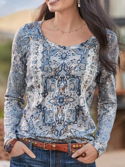 Böhmisch Rundhals Baumwollmischung Geometrisch Blusen & Shirts