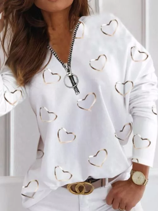 Herz Muster Shirt mit Reißverschluss Große Größen Langarm Noracora