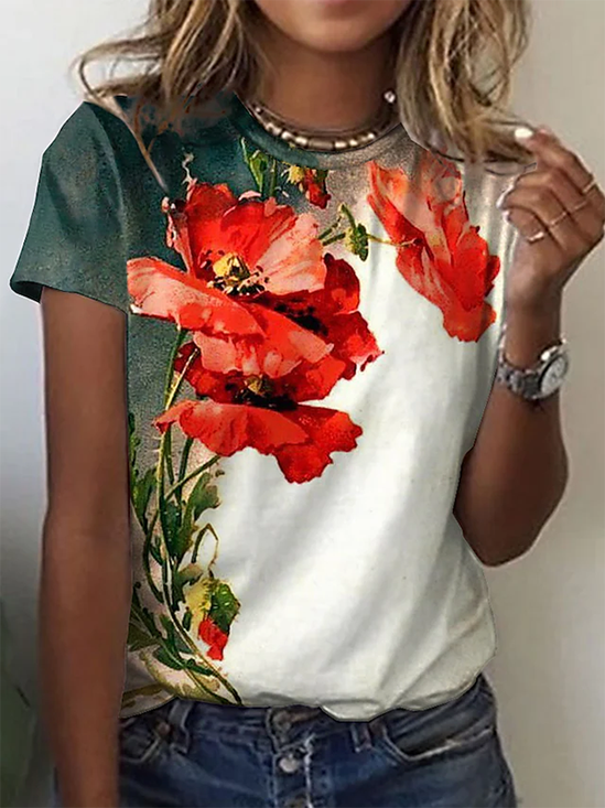 Blumenmuster  T-Shirt Jersey Rundhals Lässig Kurzarm Noracora