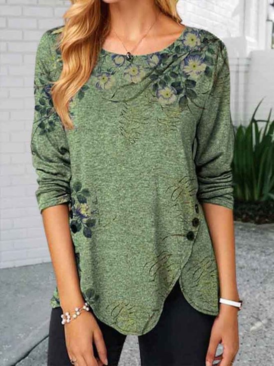 Damen Grün Retro Print Rundhals Shirts