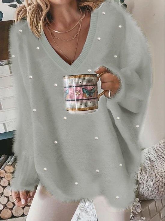 V-Ausschnitt Lässig Unifarben Perle Behaart Pullover