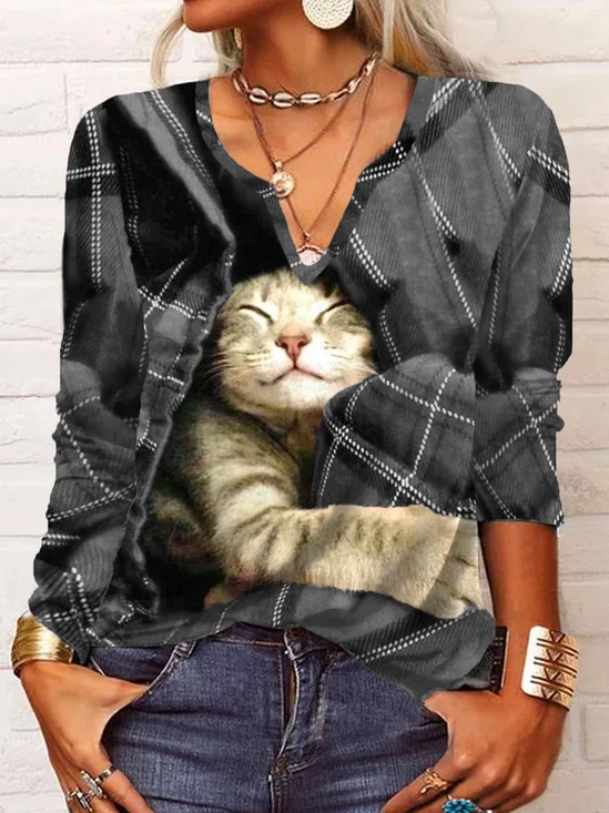 Lässig Weihnachten Kariert Katze Langarm V-Ausschnitt T-Bluse