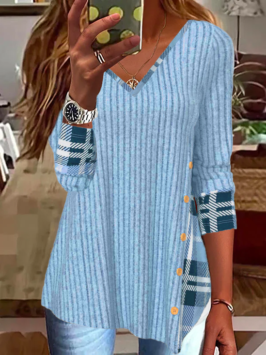 Kariert Print Shirt/Tunika V-Ausschnitt Langarm Noracora