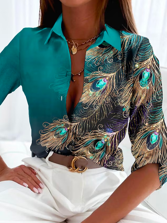 Hemdkragen Langarm Farbverlauf Regelmäßig Mikroelastizität Weit Bluse für Damen