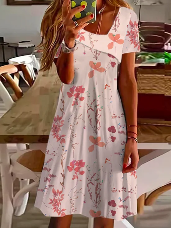 Damen Geblümt Asymmetrisch Kurzarm Bequem Lässig Kurz Kleid