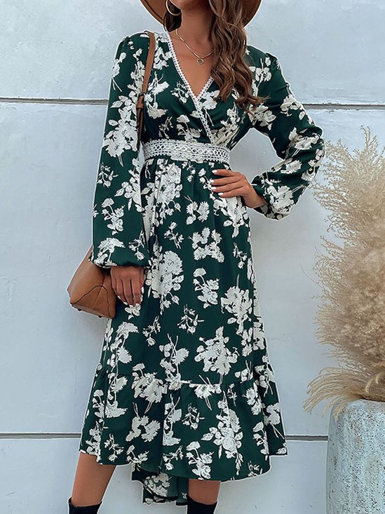 Damen Geblümt V-Ausschnitt Langarm Bequem Retro Maxikleid