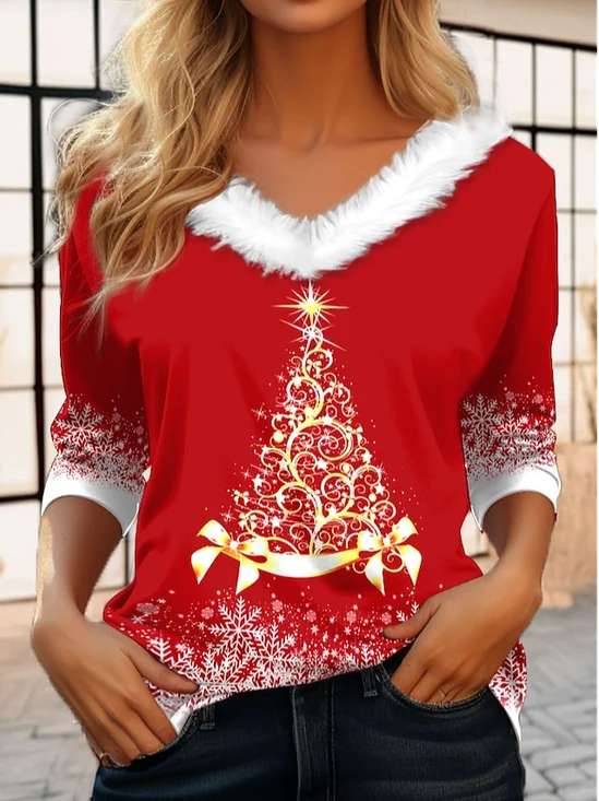 Lässig Weihnachten V-Ausschnitt Langarm T-Shirt