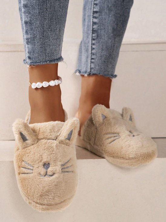 Kartoon Katze Design Stickerei Slip-On Flauschig Zuhause Pantoletten