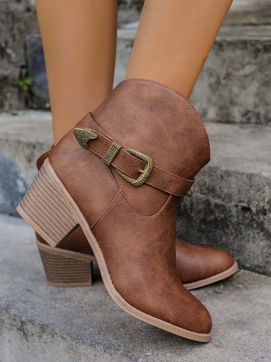 Retro Unifarben Rutschfest Reißverschluss Blockabsatz Cowboystiefel Schnalle