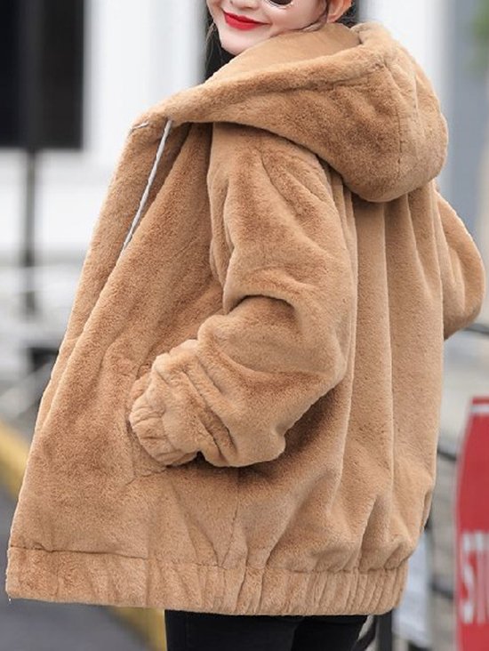 Kapuze Langarm Unifarben Reißverschluss Vlies Weit Mit Kapuze Teddy Jacke für Damen