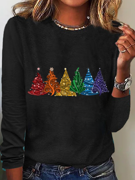 Rundhals Langarm Weihnachtsbaum Regelmäßig Mikroelastizität Regelmäßige Passform Bluse für Damen