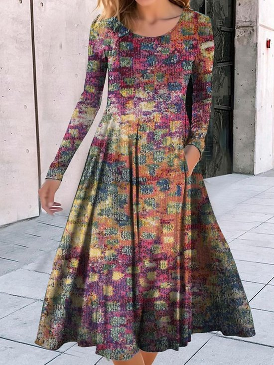 Damen Abstrakt Rundhals Langarm Bequem Lässig Kurz Kleid