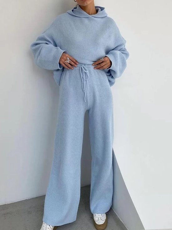 Damen Unifarben V-Ausschnitt Langarm Bequem Lässig Bluse mit Rock Zweiteiliges Set