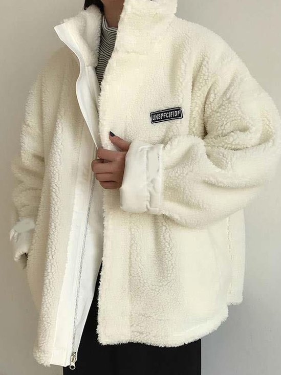 Stehkragen Langarm Unifarben verdicken Mikroelastizität Weit Teddy Jacke für Damen