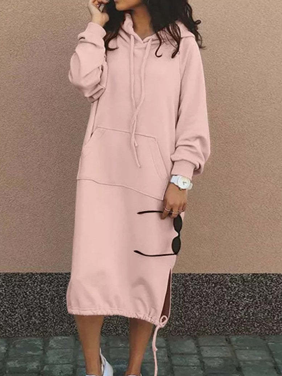 Damen Unifarben Kapuze Langarm Bequem Lässig Maxikleid Sweatshirt Kleid
