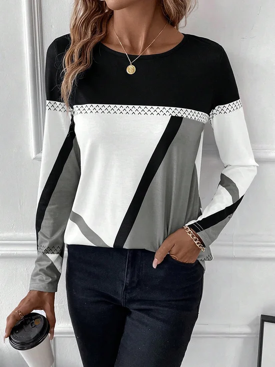 Lässig Farbblock Rundhals Langarm T-Shirt