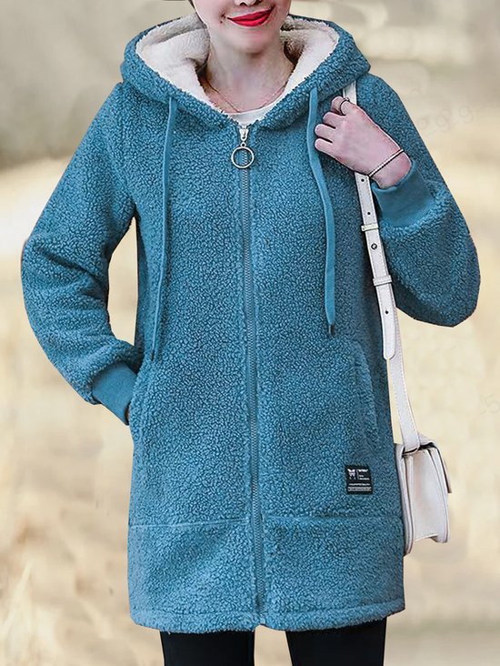 Kapuze Langarm Textbriefe Reißverschluss Vlies Weit Mit Kapuze Teddy Jacke für Damen