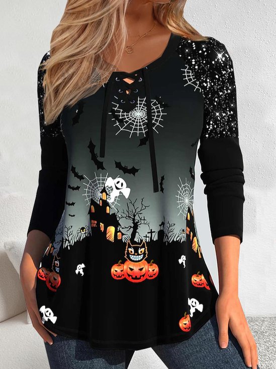 Lässig Halloween V-Ausschnitt Langarm T-Shirt