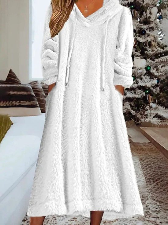 Damen Unifarben Kapuze Langarm Bequem Lässig Maxikleid