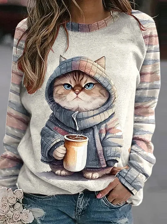 Lässig Rundhals Katze Sweatshirt