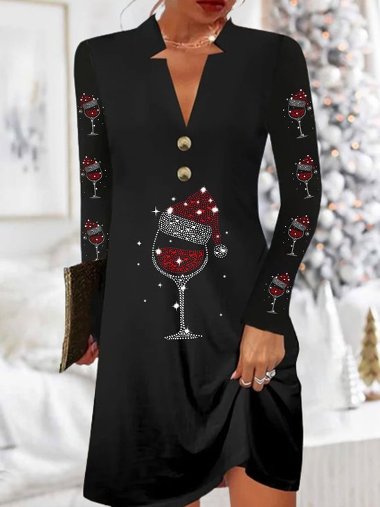 Damen Weihnachten Wein Glas Langarm Bequem Lässig Schnalle Midikleid