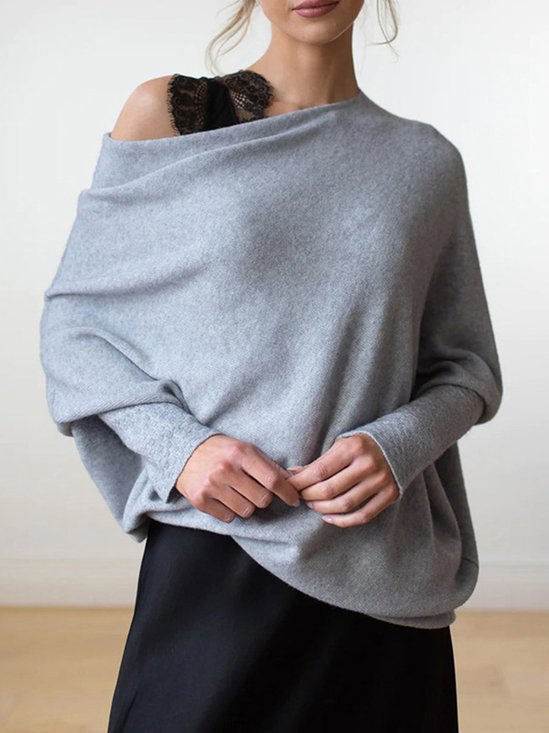 Damen Baumwollmischung Unifarben Langarm Bequem Lässig Pullover