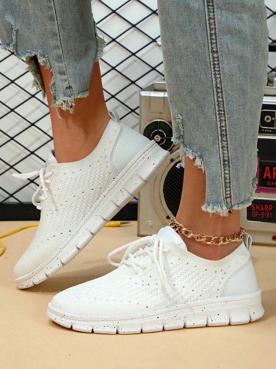 Sport Unifarben Atmungsaktiv Schnürung Flach Fliegen Sie gewebte Schuhe