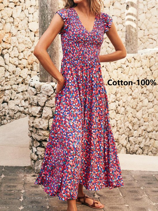 Damen Geometrisch V-Ausschnitt Flügelärmel Bequem Böhmisch Maxikleid