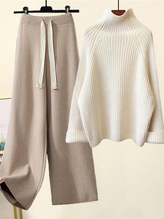 Damen Unifarben Rollkragen Langarm Bequem Lässig Bluse mit Hose Zweiteiliges Set