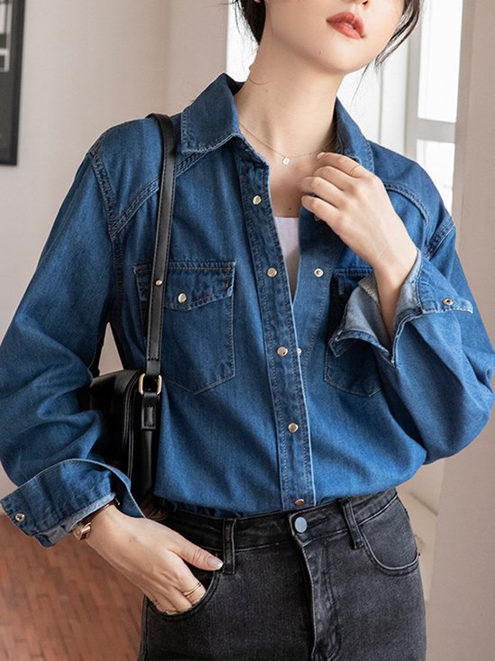 Hemdkragen Langarm Unifarben Regelmäßig Weit Bluse für Damen