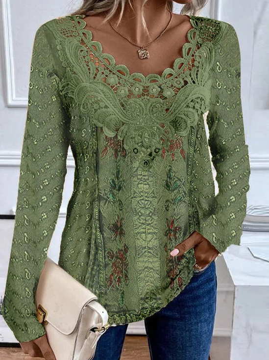 Rundhals Langarm zufällig Print Spitze Regelmäßig Weit Tunika Bluse für Damen